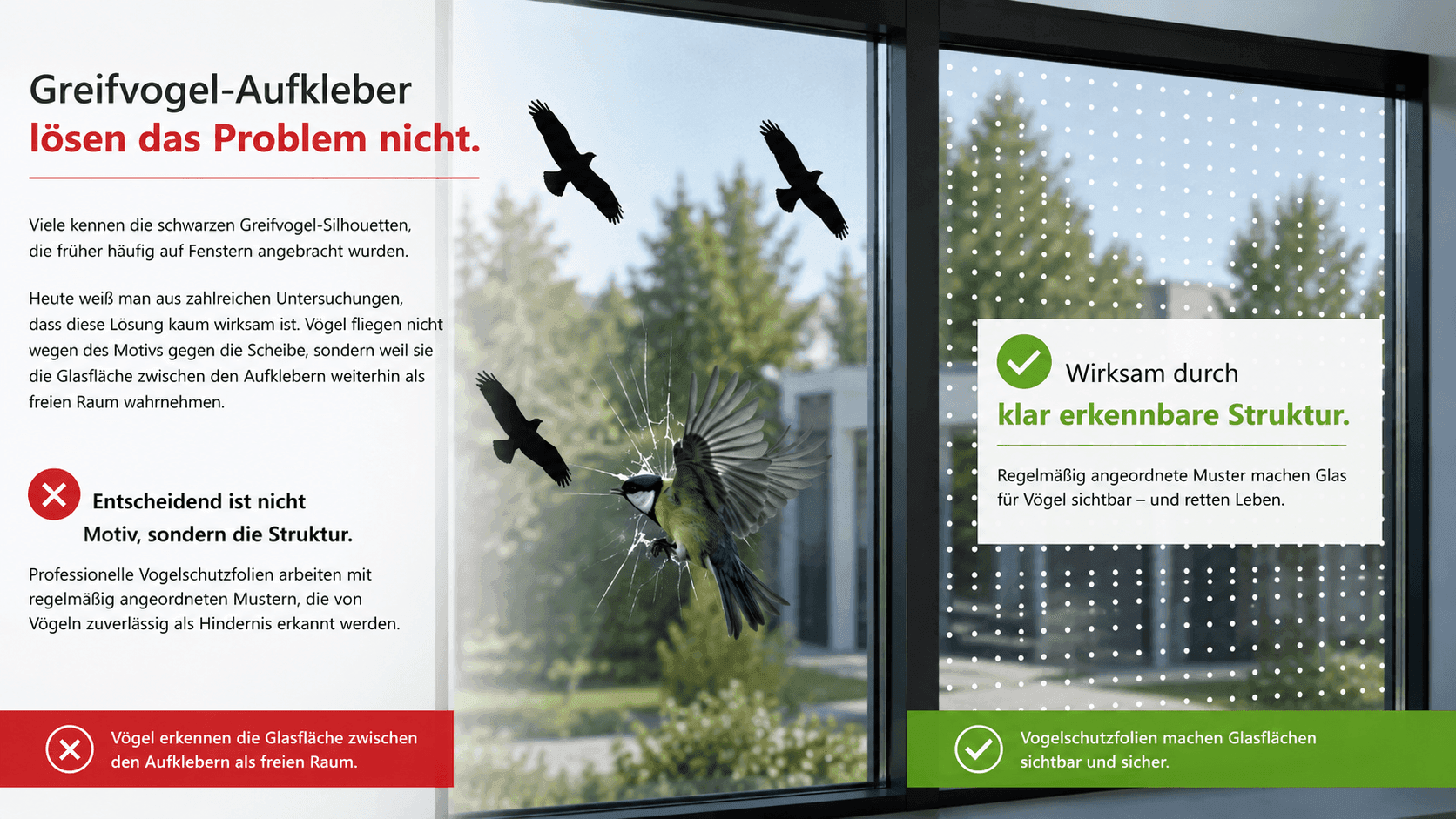 Fensterscheibe mit und ohne Vogelschutzfolie im Vergleich